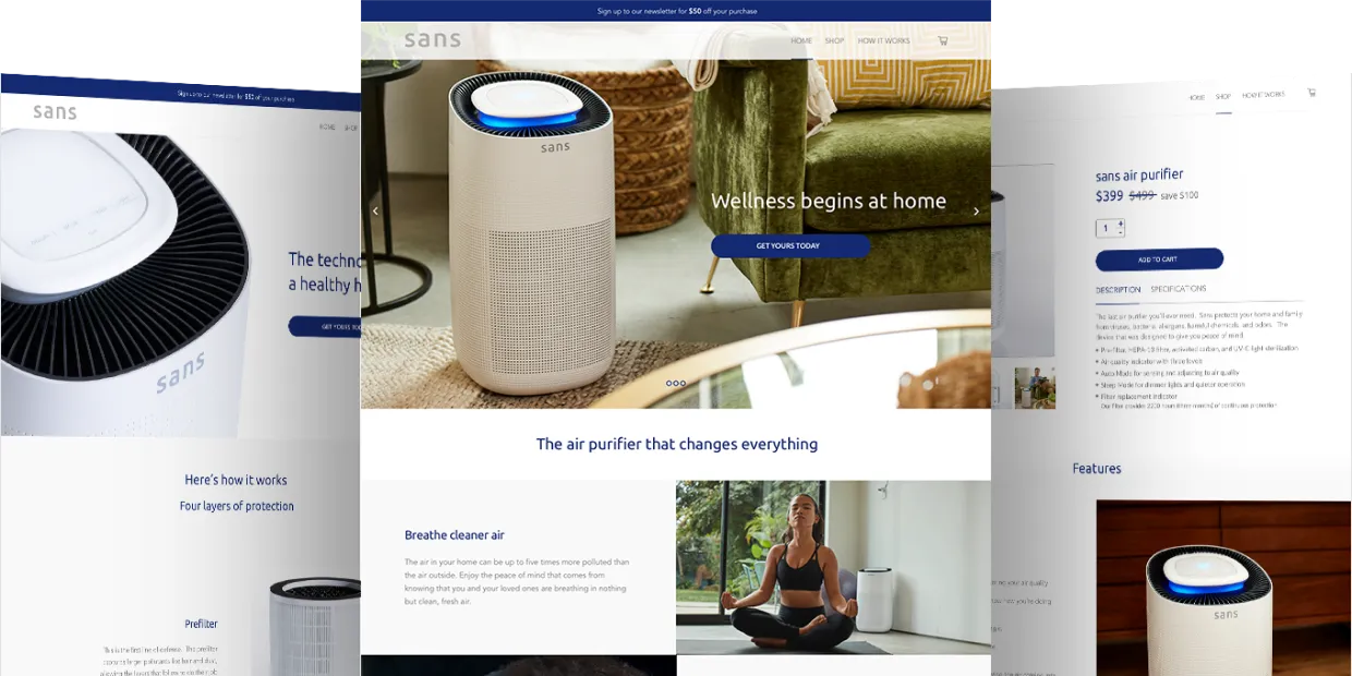 Sans purifier storefront with benefit-first hero and How it works modules