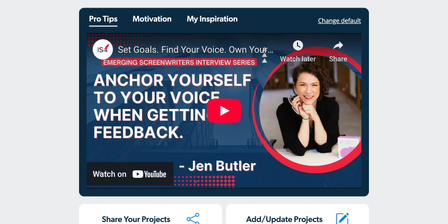 Writer dashboard with tabbed content and action tiles