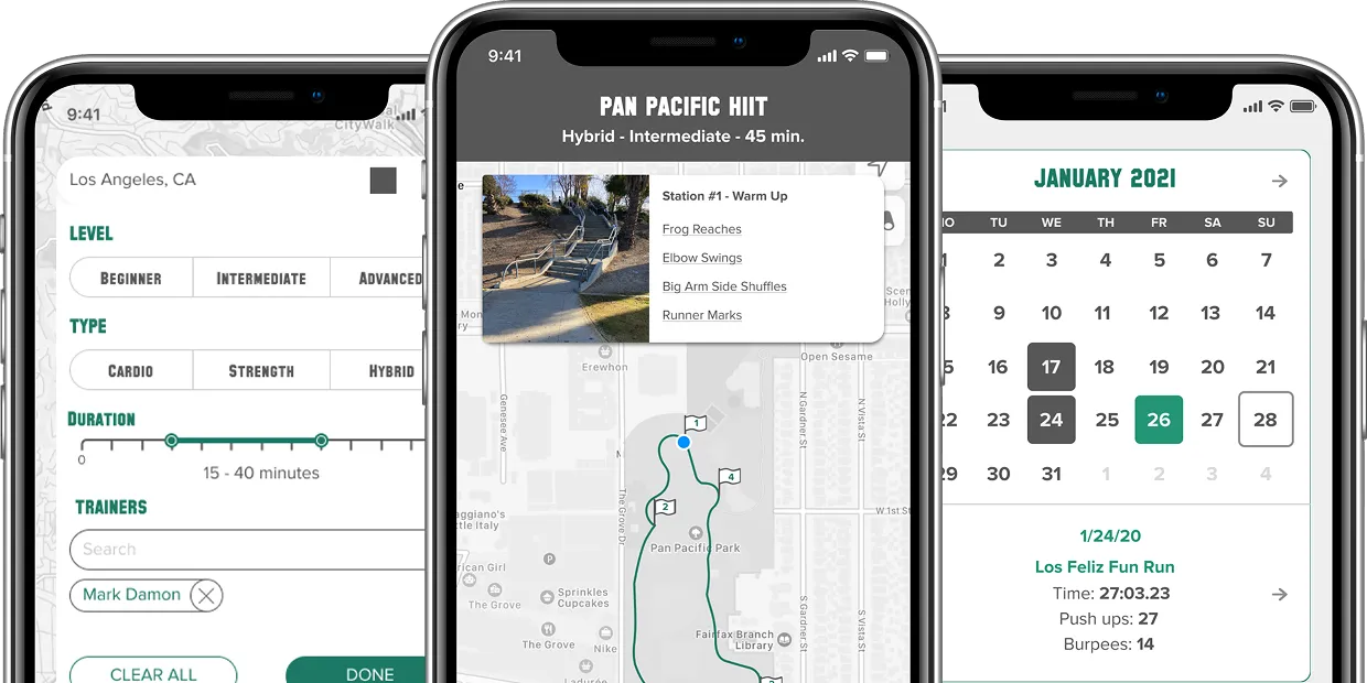 GymCity concept with map search, workout detail, and calendar screens